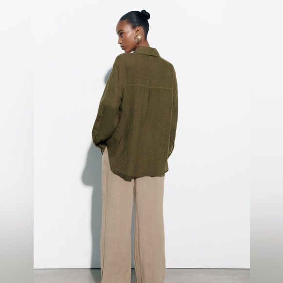 Zara 100% Linen Oversized Shirt in Khaki - Picture 7 of 10